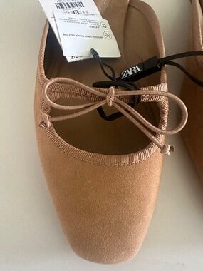 ZARA Suede Bow Mule Flats Tan Camel Size 7.5 (EU 38) NWT Square Toe